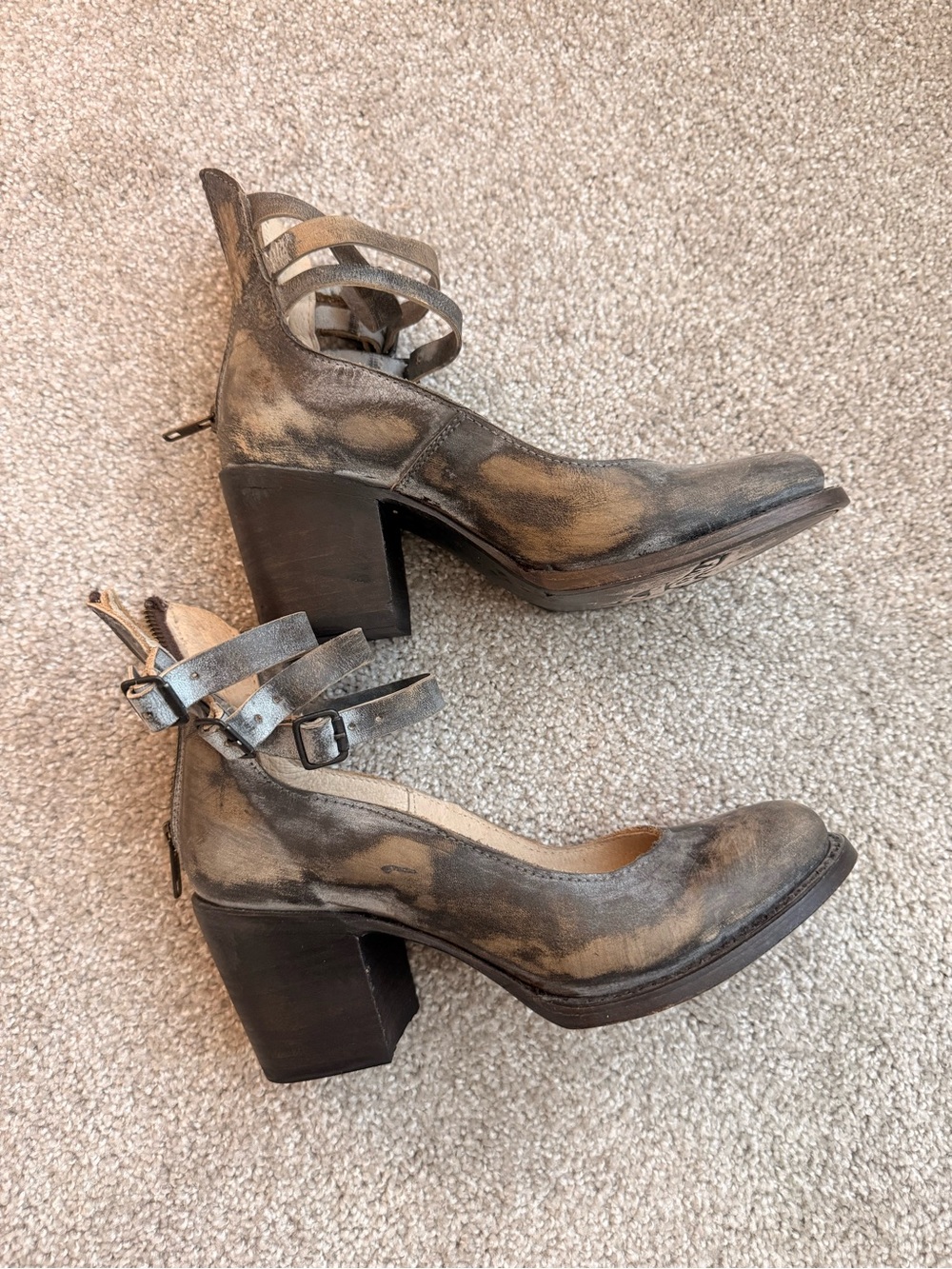 Freebird Distressed Black Strappy Block Heel Pumps